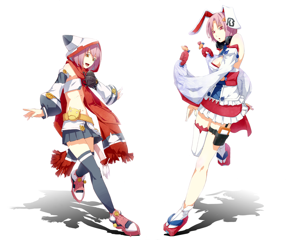 sousou (sousouworks), 2girls, animal ears, asymmetrical clothes, detached sleeves, geta, headphones, midriff, multiple girls, navel, pink hair, rabbit ears, red eyes, scarf, single thighhigh, skirt, thigh strap, thighhighs