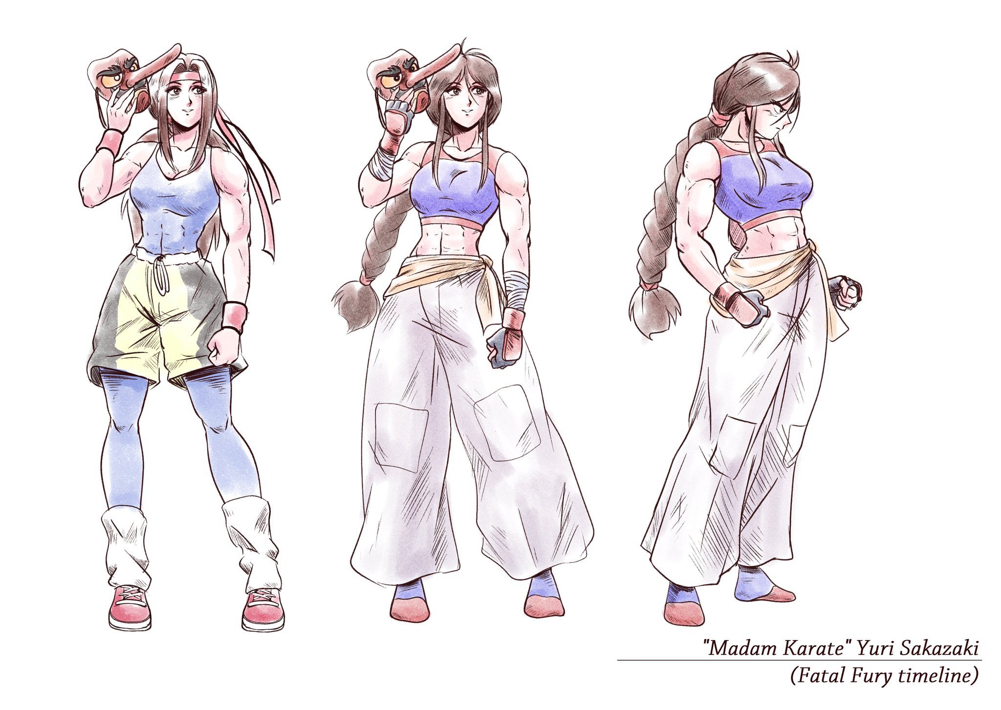 tedbob84, mr. karate, yuri sakazaki, fatal fury, ryuuko no ken, snk, 1girl, braid, braided ponytail, brown hair, character name, copyright name, female focus, fingerless gloves, gloves, holding, holding mask, mask, multiple views, tengu mask, white background