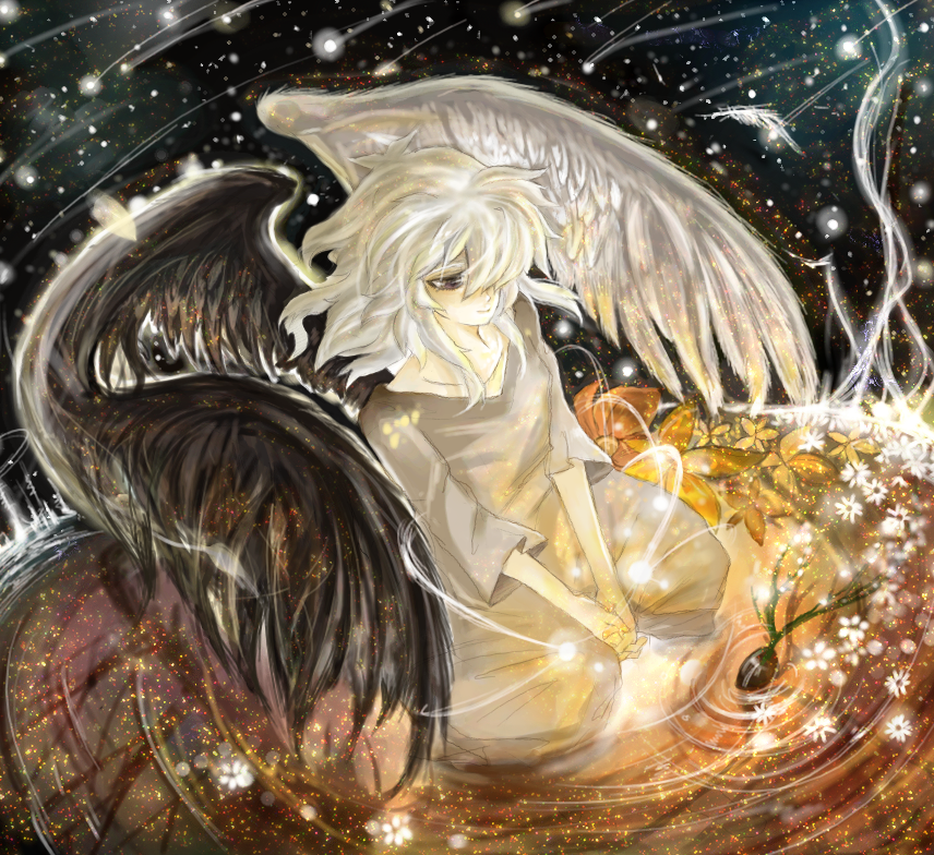 bibinko, bakura ryou, change of heart, yu-gi-oh!, yu-gi-oh! duel monsters, yuu-gi-ou, light, bad id, bad pixiv id, 1boy, androgynous, angel, dark, demon, duel monster, male focus, solo, split theme, water, white hair, wings