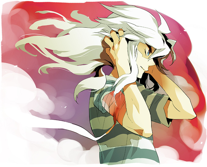 taiki miyu, bakura ryou, yu-gi-oh!, yu-gi-oh! duel monsters, yuu-gi-ou, 1boy, bandages, blood, male focus, solo, white hair, wind