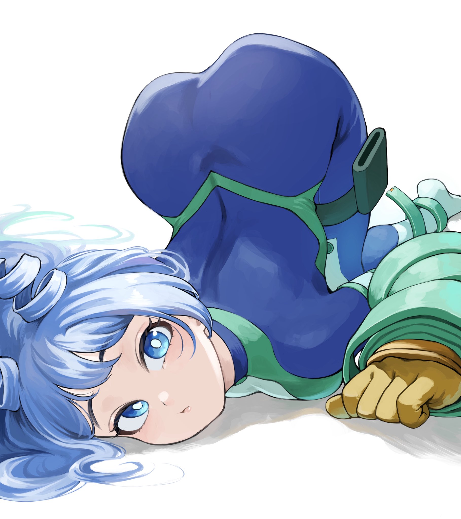 fengling (furin-jp), hado nejire, boku no hero academia, highres, 1girl, ass, blue bodysuit, blue eyes, blue hair, bodysuit, closed mouth, drill hair, female focus, gloves, green bodysuit, hair horns, looking at viewer, matching hair/eyes, multicolored bodysuit, solo, superhero costume, top-down bottom-up, twin drills, white background, yellow gloves