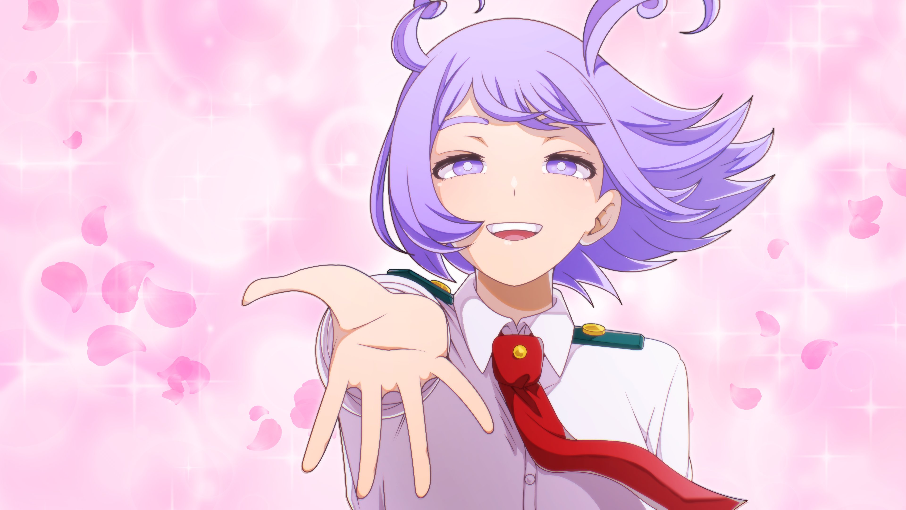 kyochakocchis, hado nejire, boku no hero academia, highres, 1girl, blue eyes, blue hair, cherry blossoms, drill hair, female focus, looking at viewer, matching hair/eyes, necktie, open mouth, outstretched hand, pink background, red necktie, school uniform, shirt, smile, solo, teeth, twin drills, u.a. school uniform, upper teeth only, white shirt