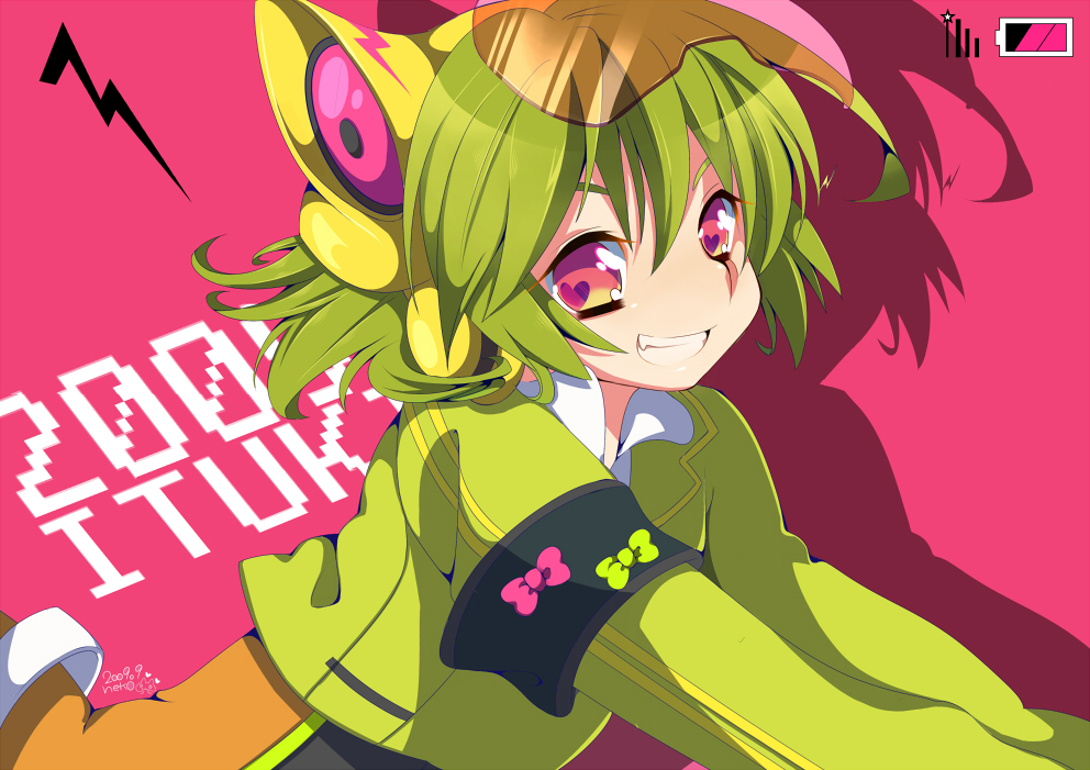 neko (natsuiroclassic), visor, tagme, armband, green hair, grin, smile, solo