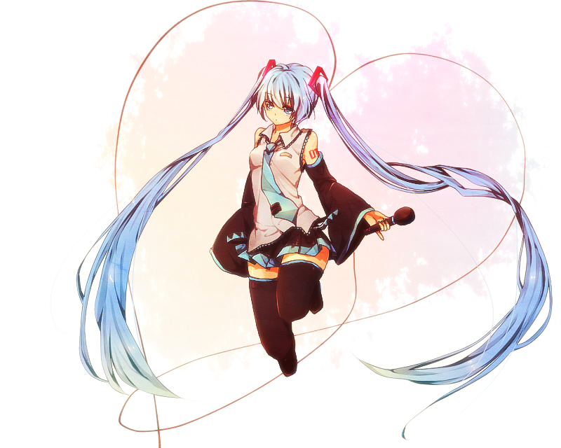 kurosujuu, hatsune miku, vocaloid, 1girl, blue eyes, blue hair, detached sleeves, female focus, gradient background, long hair, matching hair/eyes, necktie, skirt, solo, thighhighs, twintails, very long hair, zettai ryouiki