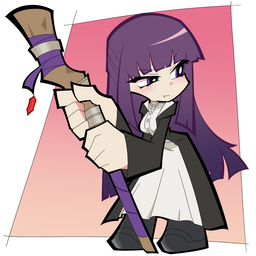 okitya, fern (sousou no frieren), sousou no frieren, commentary request, 1girl, black shoes, blunt bangs, breasts, closed mouth, dress, full body, gradient background, holding, holding staff, light blush, long hair, long sleeves, outside border, panty & stocking with garterbelt (style), pout, purple eyes, purple hair, shoes, sidelocks, solo, staff, standing