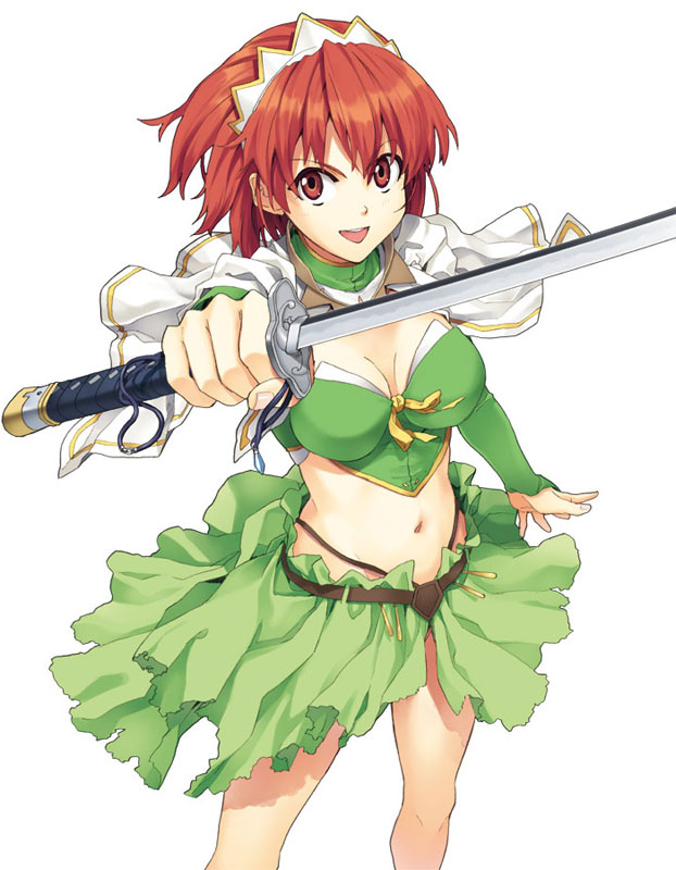 luna (reclaimed land), aria (seiken no blacksmith), cecily cambell, seiken no blacksmith, official art, >:d, 1girl, :d, aria (seiken no blacksmith) (cosplay), belt, breasts, capelet, cleavage, cosplay, crop top, detached collar, detached sleeves, female focus, foreshortening, hairband, headdress, highleg, highleg panties, holding, katana, large breasts, looking at viewer, midriff, navel, open mouth, outstretched arm, panties, red eyes, red hair, ribbon, short hair, simple background, skirt, smile, solo, standing, sword, thong, torn clothes, underwear, v-shaped eyebrows, weapon