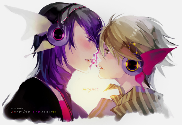 kaninn, giancarlo bourbon del monte, giulio di bondone, lucky dog, lucky dog 1, magnet (vocaloid), tennenouji, vocaloid, bad id, bad pixiv id, 2boys, black hair, blonde hair, blush, face-to-face, headphones, male focus, multiple boys, parody, purple eyes
