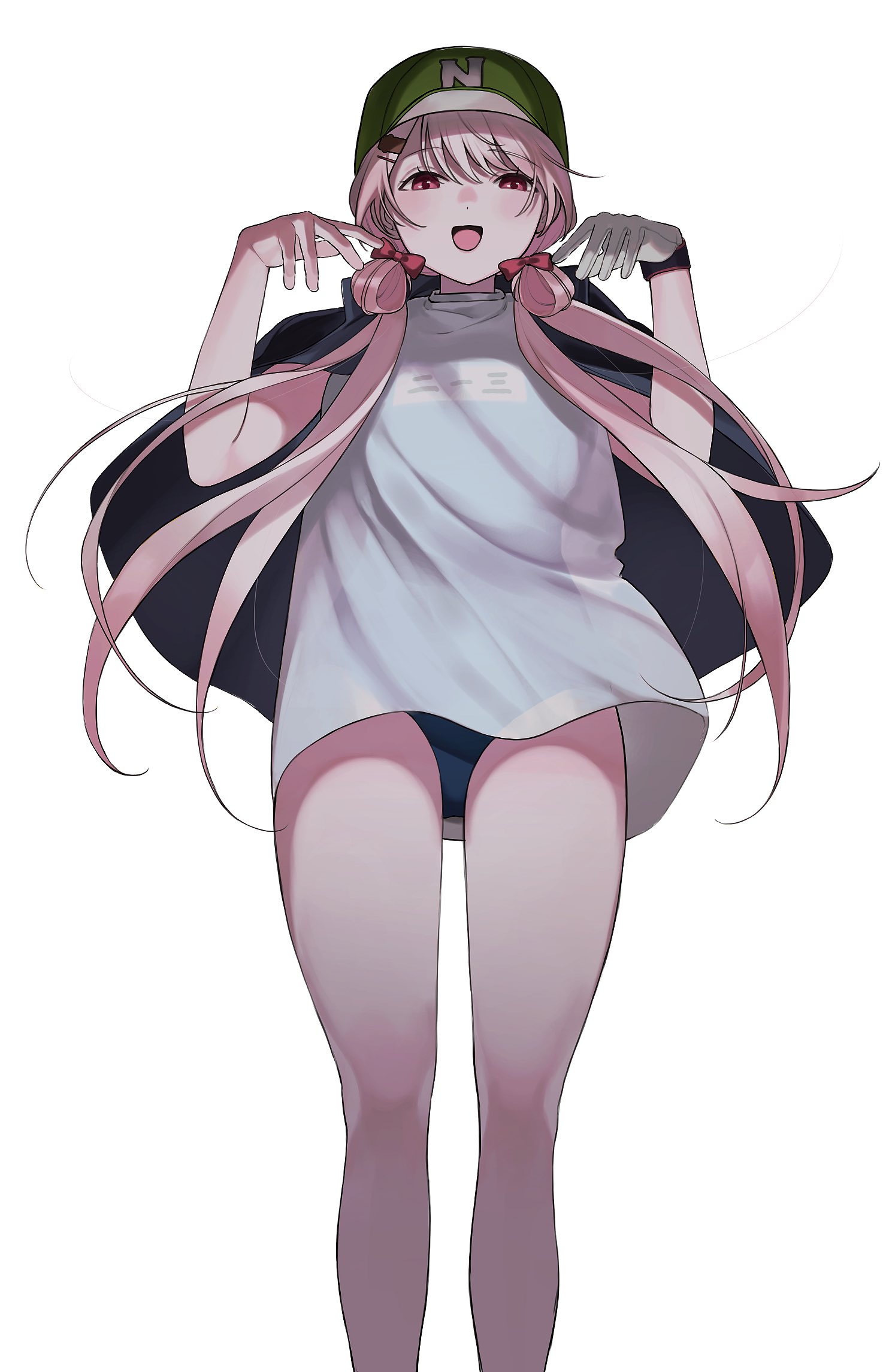 zmzm hiji, shiina yuika, nijisanji, commentary request, highres, textless version, variant set, 1girl, :d, bare legs, baseball cap, black cape, blue one-piece swimsuit, blush, bow, cape, cowboy shot, dress, feet out of frame, folded twintails, ghost pose, gloves, green hat, hair bow, hair ornament, hair over shoulder, hairclip, hands up, hat, light blush, long hair, looking at viewer, loose hair strand, low twintails, nijisanji koshien, nose blush, one-piece swimsuit, open clothes, open mouth, pink eyes, pink hair, red bow, school swimsuit, see-through clothes, see-through dress, simple background, single glove, sleeveless, sleeveless dress, smile, solo, straight-on, swimsuit, swimsuit under clothes, twintails, very long hair, virtual youtuber, white background, white dress, white gloves