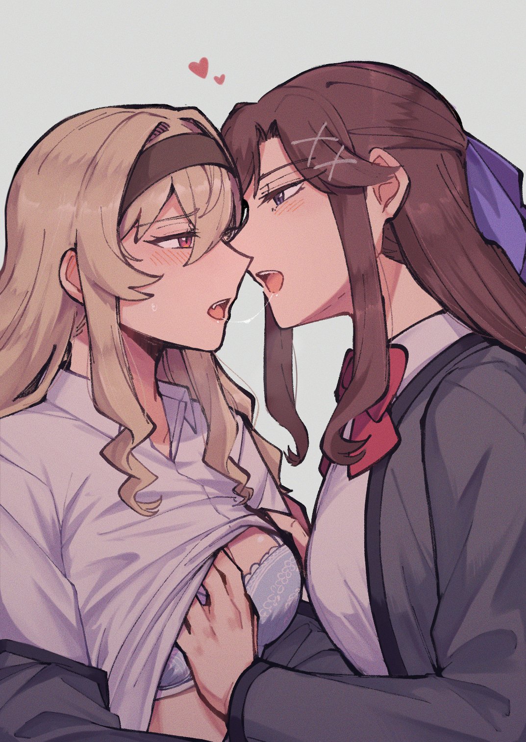 rickonrk, saijou claudine, tendou maya, shoujo kageki revue starlight, chinese commentary, commentary request, highres, 2girls, after kiss, black hairband, blonde hair, blue bra, blush, bow, bowtie, bra, breasts, brown hair, clothes lift, collared shirt, face-to-face, fang, floral print, from side, grabbing another's breast, grey background, grey jacket, groping, hair between eyes, hair bow, hair ornament, hairband, half-closed eyes, hand on another's arm, hands up, heart, jacket, long hair, long sleeves, looking at another, medium breasts, multiple girls, off shoulder, open clothes, open jacket, open mouth, parted bangs, pink eyes, print bra, profile, purple bow, purple eyes, raised eyebrows, red bow, red bowtie, saliva, saliva trail, school uniform, seishou music academy uniform, shirt, shirt lift, sidelocks, simple background, sweatdrop, teeth, underwear, upper body, upper teeth only, white shirt, x hair ornament, yuri