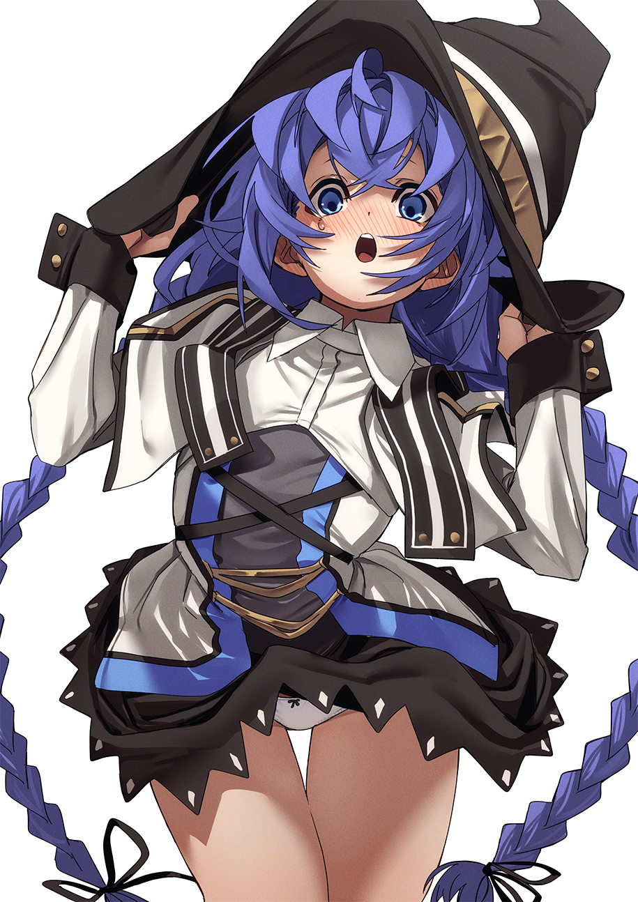 fu-ta, roxy migurdia, mushoku tensei, commentary request, highres, 1girl, black dress, blue eyes, blue hair, blush, braid, breasts, dress, hand on headwear, hat, long hair, looking at viewer, open mouth, panties, simple background, small breasts, solo, thighs, twin braids, underwear, very long hair, white background, white panties, wind, wind lift, witch hat