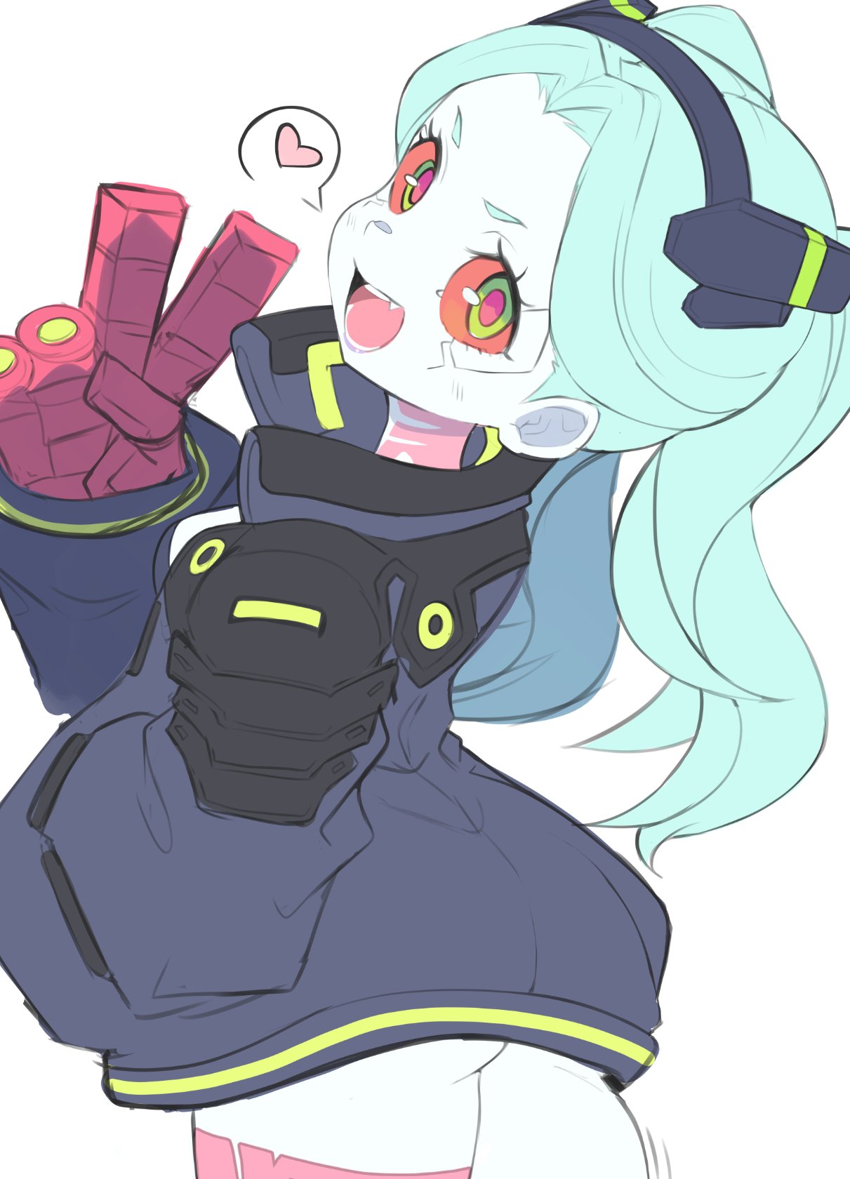 jellcaps, rebecca (cyberpunk), cyberpunk (series), highres, 1girl, black jacket, breasts, colored sclera, colored skin, cowboy shot, fang, from behind, gloves, green hair, hand in pocket, heart, jacket, leg tattoo, long hair, looking back, neck tattoo, open mouth, red gloves, red sclera, small breasts, solo, spoken heart, tattoo, v, white background