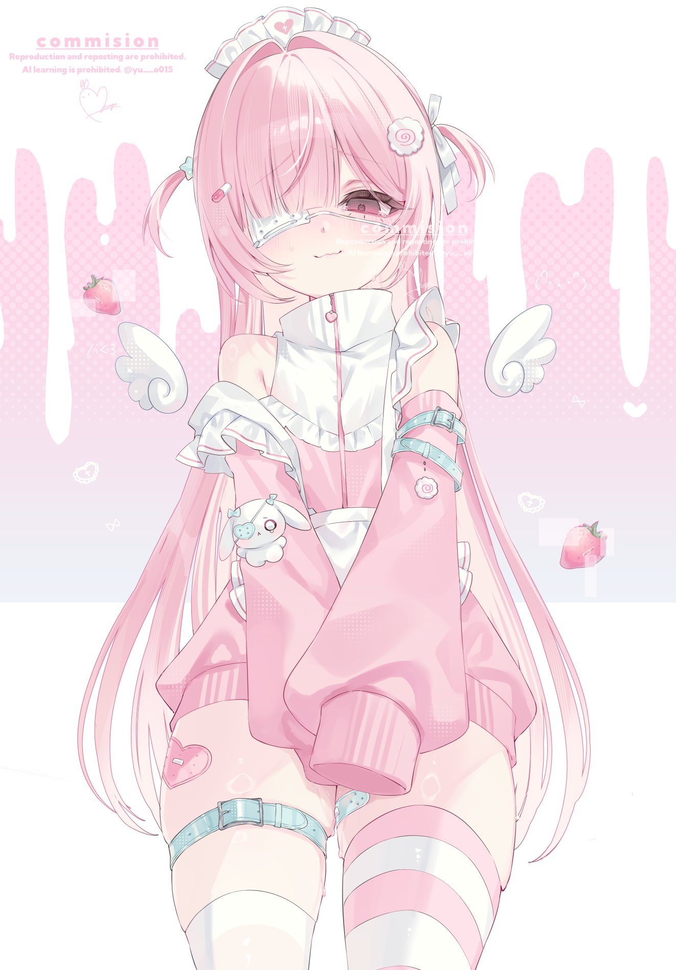 yu o015, original, highres, 1girl, apron, bare shoulders, belt, belt buckle, blush, buckle, closed mouth, clothing cutout, cowboy shot, detached wings, eyepatch, food, frilled apron, frills, fruit, hair intakes, hair ornament, heart, jacket, jersey maid, long sleeves, looking at viewer, maid, maid headdress, one eye covered, parted bangs, pink eyes, pink hair, pink jacket, pink thighhighs, shoulder cutout, sleeves past fingers, sleeves past wrists, smile, solo, strawberry, striped clothes, striped thighhighs, sweat, thigh belt, thigh strap, thighhighs, thighs, track jacket, two side up, unconventional maid, v arms, waist apron, wavy mouth, white apron, wings