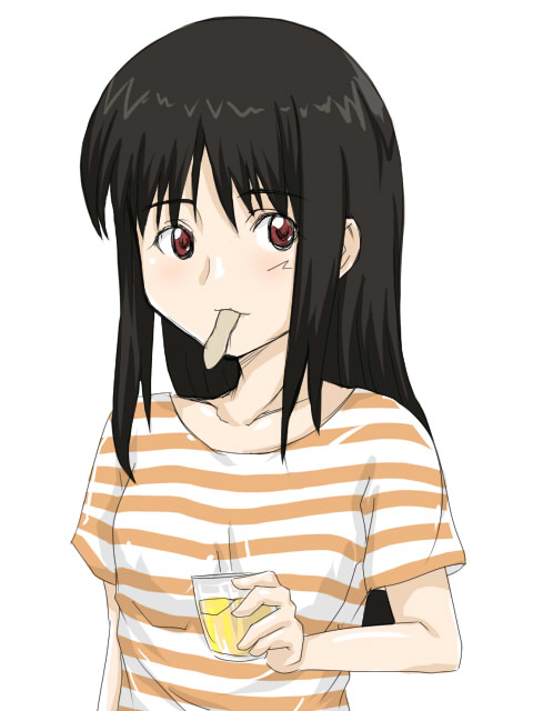 flo (guilty hearts), konno miyuki, toki wo kakeru shoujo, bad id, bad pixiv id, 00s, 1girl, black hair, blouse, female focus, food, long hair, mouth hold, pudding, red eyes, shirt, solo, striped clothes, striped shirt, t-shirt, two-tone stripes