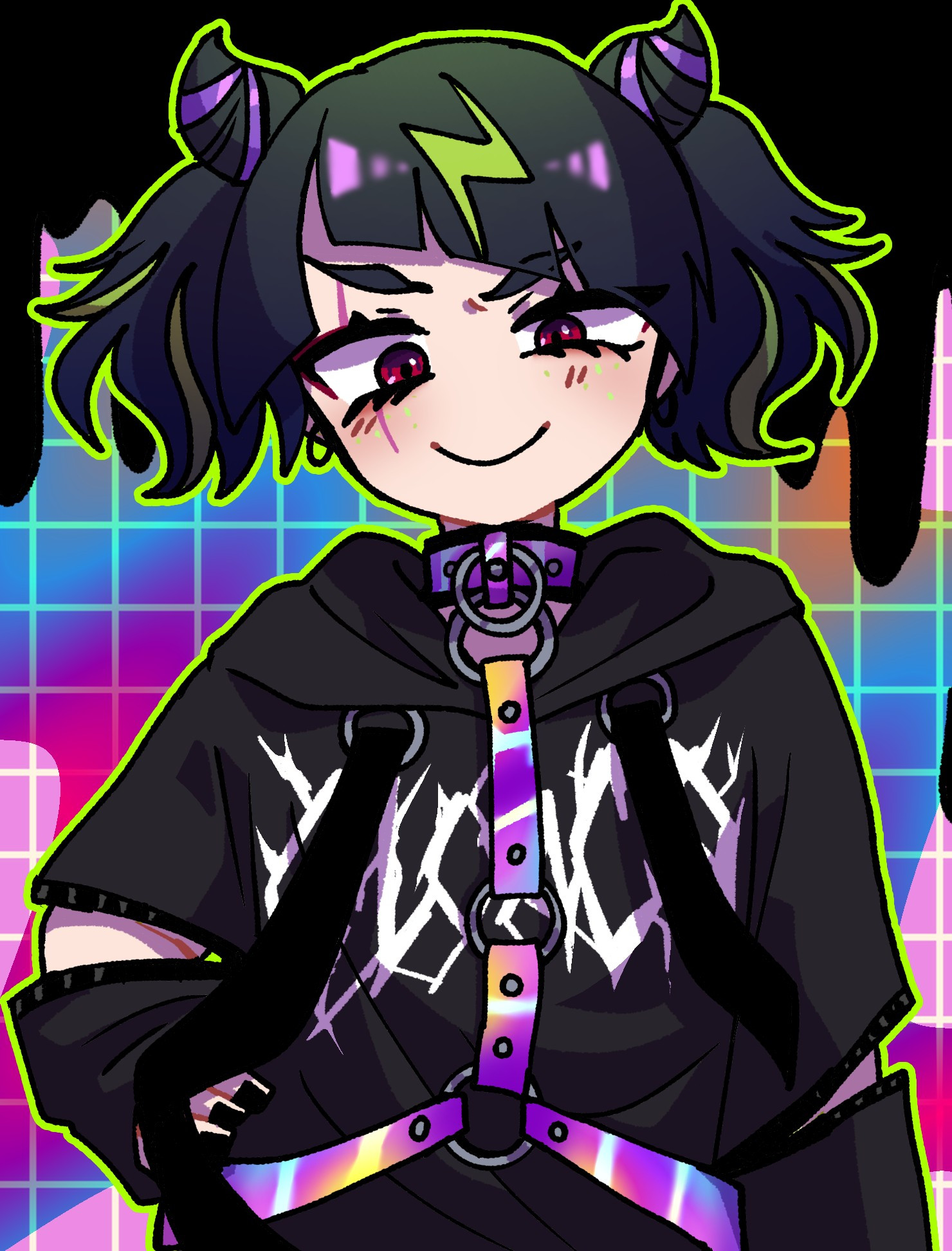 coqui saporana, 3am, commentary, commission, english commentary, highres, second-party source, skeb commission, 1girl, 8ossuhcnxxz4tbp, black hair, black hoodie, black nails, blush, closed mouth, eyelashes, fingernails, green hair, green outline, hair horns, hand on own hip, hood, hood down, hoodie, multicolored hair, nail polish, no nose, outline, purple hair, red eyes, scar, scar across eye, scar on face, smile, solo, streaked hair, twintails, upper body, virtual youtuber