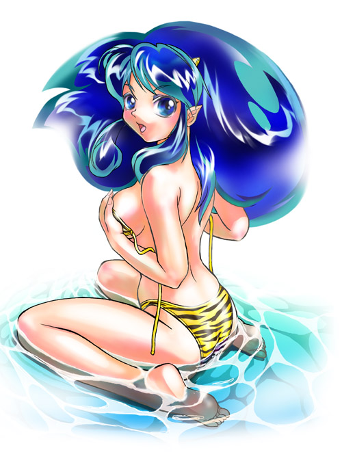 lum, urusei yatsura, artist request, 1girl, animal print, bikini, blue eyes, blue hair, breasts, cone horns, covering breasts, covering privates, female focus, horns, matching hair/eyes, medium breasts, pointy ears, sitting, small horns, solo, striped bikini, striped clothes, swimsuit, tiger print, water