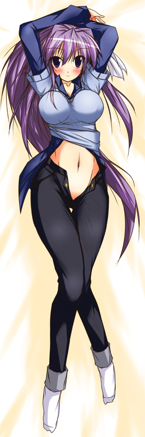 umesato yukino, fujibayashi kyou, clannad, long image, tall image, 00s, 1girl, blush, breasts, dakimakura (medium), denim, female focus, jeans, long hair, midriff, navel, no panties, open fly, pants, purple eyes, purple hair, ribbon, solo, unzipped