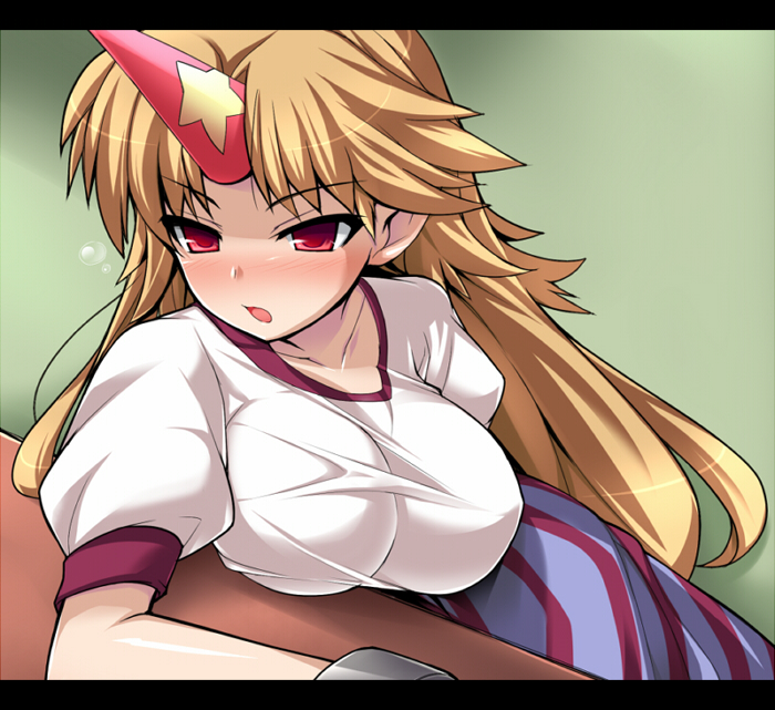 katami shinta, hoshiguma yuugi, touhou, 1girl, blonde hair, blush, breast rest, breasts, drunk, female focus, horns, large breasts, letterboxed, oni, red eyes, single horn, solo