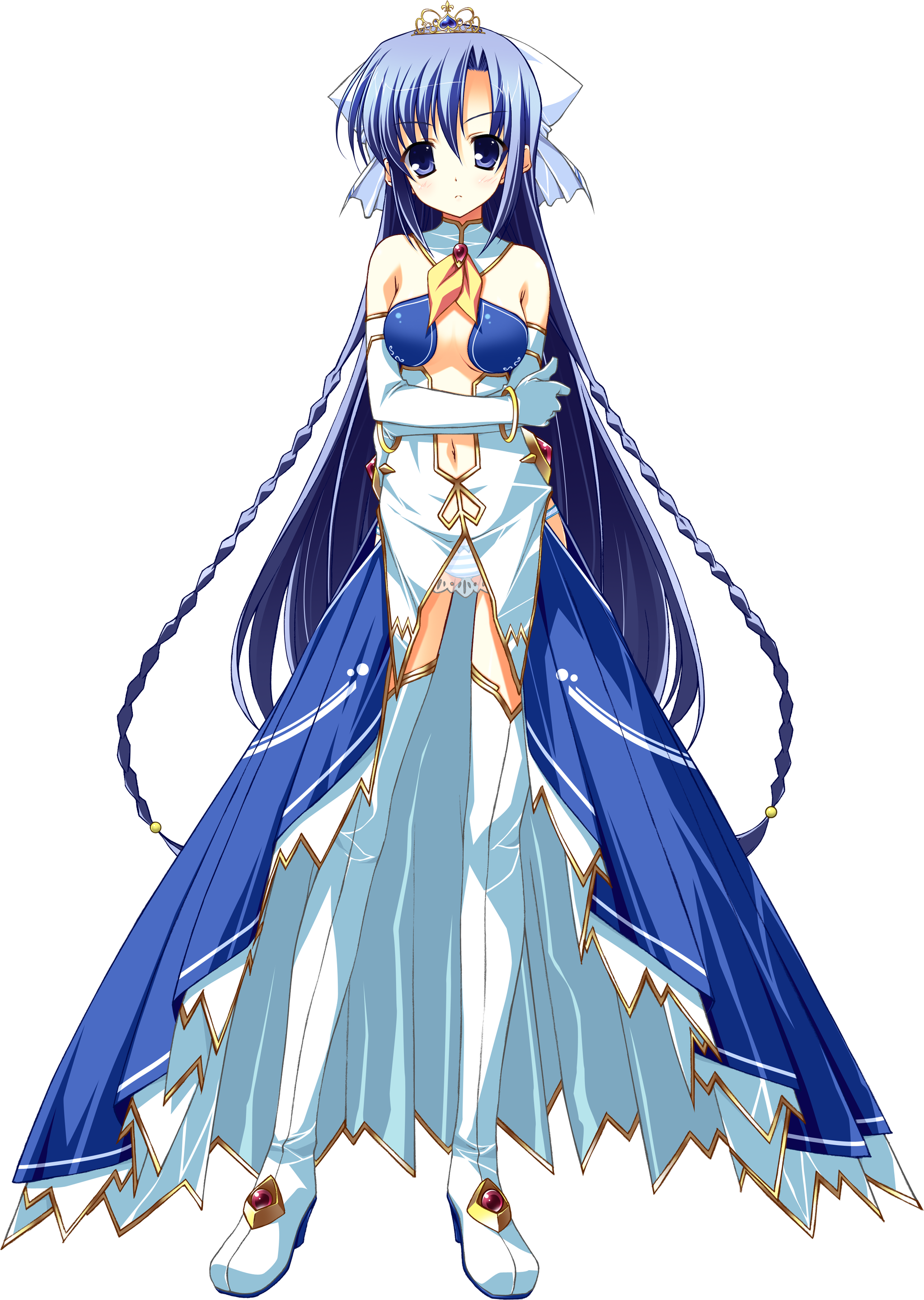 yuuki hagure, maria do arcadia, daiuchuu no hokori, absurdres, highres, 1girl, blue eyes, blue hair, blush, boots, bow, bow panties, bracelet, braid, breasts, brooch, center opening, crossed arms, dress, elbow gloves, female focus, full body, gloves, high heels, jewelry, long hair, matching hair/eyes, navel, panties, ribbon, shoes, solo, standing, striped clothes, striped panties, thigh boots, thighhighs, tiara, transparent background, twin braids, underwear, very long hair, white thighhighs