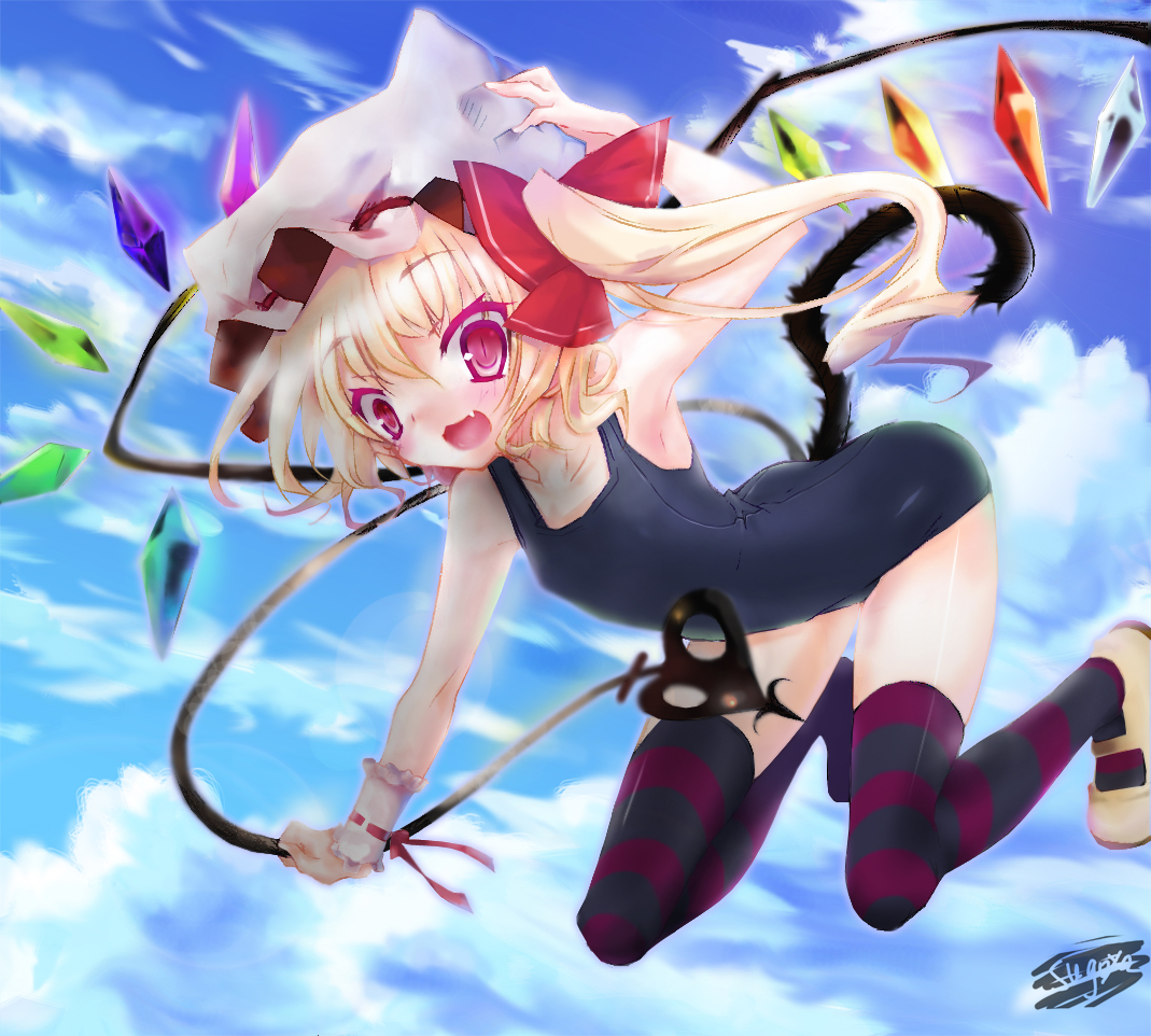 enoki shiki, flandre scarlet, touhou, bad id, bad pixiv id, 1girl, blonde hair, cat tail, day, fang, female focus, flat chest, flying, hat, laevatein, mary janes, one-piece swimsuit, red eyes, school swimsuit, shoes, sky, solo, striped clothes, striped thighhighs, swimsuit, tail, thighhighs, wings
