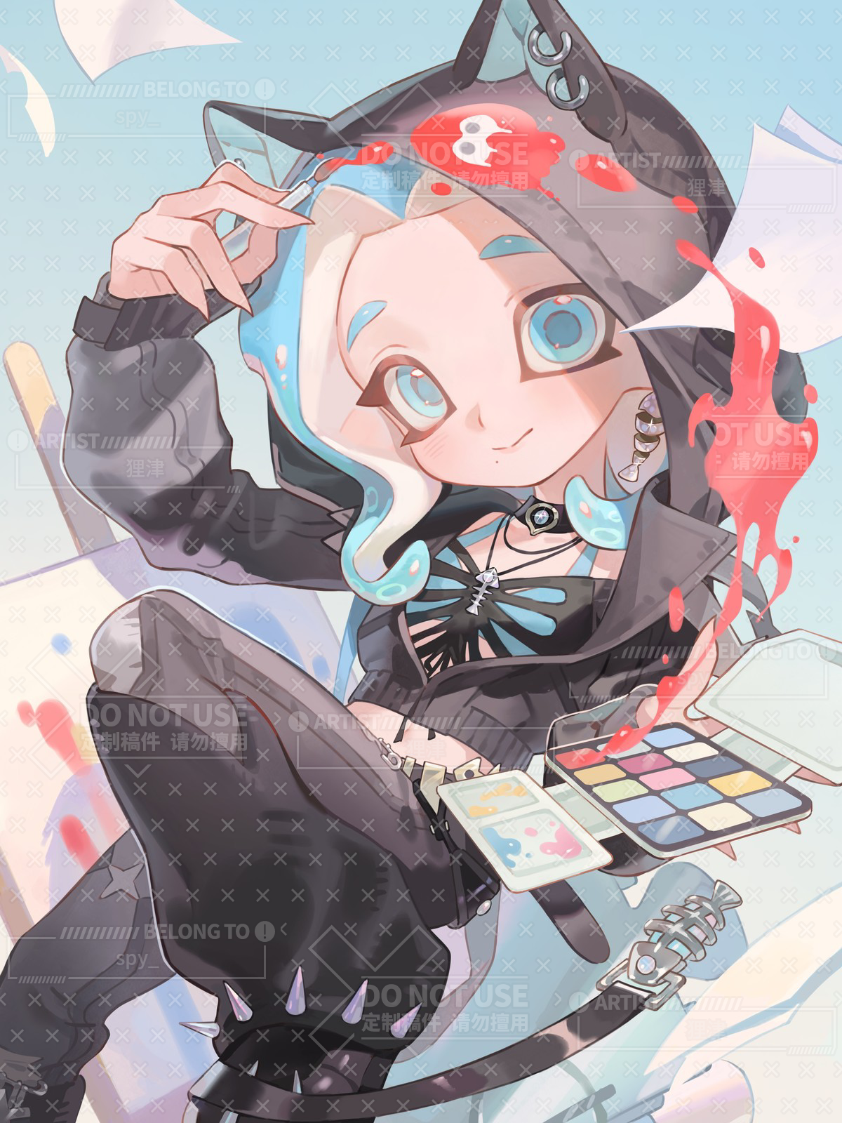 octoling girl, octoling player character, nintendo, splatoon (series), highres, 1girl, animal ear hood, black choker, black hoodie, black pants, black shirt, black shoes, blue bra, blue eyes, blue hair, bra, bra peek, breasts, choker, closed mouth, crop top, cropped hoodie, earrings, fake animal ears, fingernails, holding, holding paint palette, holding paintbrush, hood, hood up, hoodie, jewelry, long sleeves, looking at viewer, medium hair, midriff, mihuashi 506932, mole, mole under mouth, necklace, octoling, paint palette, paintbrush, pants, sharp fingernails, shirt, shoes, small breasts, smile, solo, spiked pants, tentacle hair, torn clothes, torn shirt, underwear, watermark