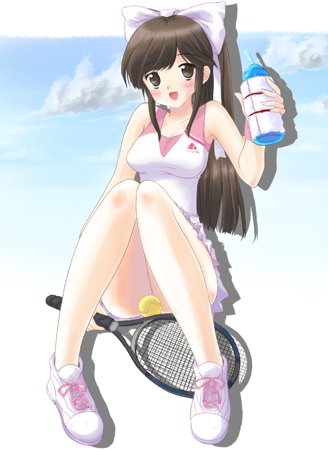 kitagawa mikio, takane manaka, love plus, bad id, bad pixiv id, 1girl, blush, brown eyes, brown hair, female focus, racket, skirt, solo, sportswear, tennis racket, tennis uniform, wristband
