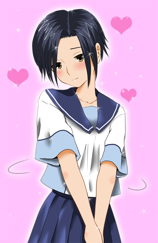 7001, kobayakawa rinko, love plus, 1girl, black hair, blush, bob cut, female focus, heart, school uniform, solo
