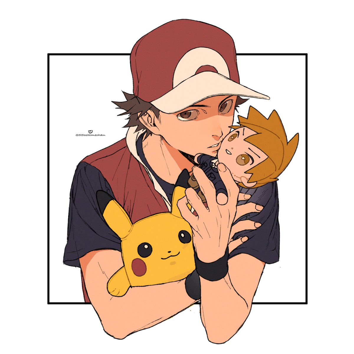 55oshimechan, blue oak, pikachu, red (pokemon), nintendo, pokemon, pokemon hgss, highres, 1boy, black shirt, brown eyes, brown hair, character doll, doll, gen 1 pokemon, hat, holding, holding doll, looking at viewer, male focus, red hat, red vest, shirt, short hair, short sleeves, t-shirt, twitter username, vest, white background, wristband