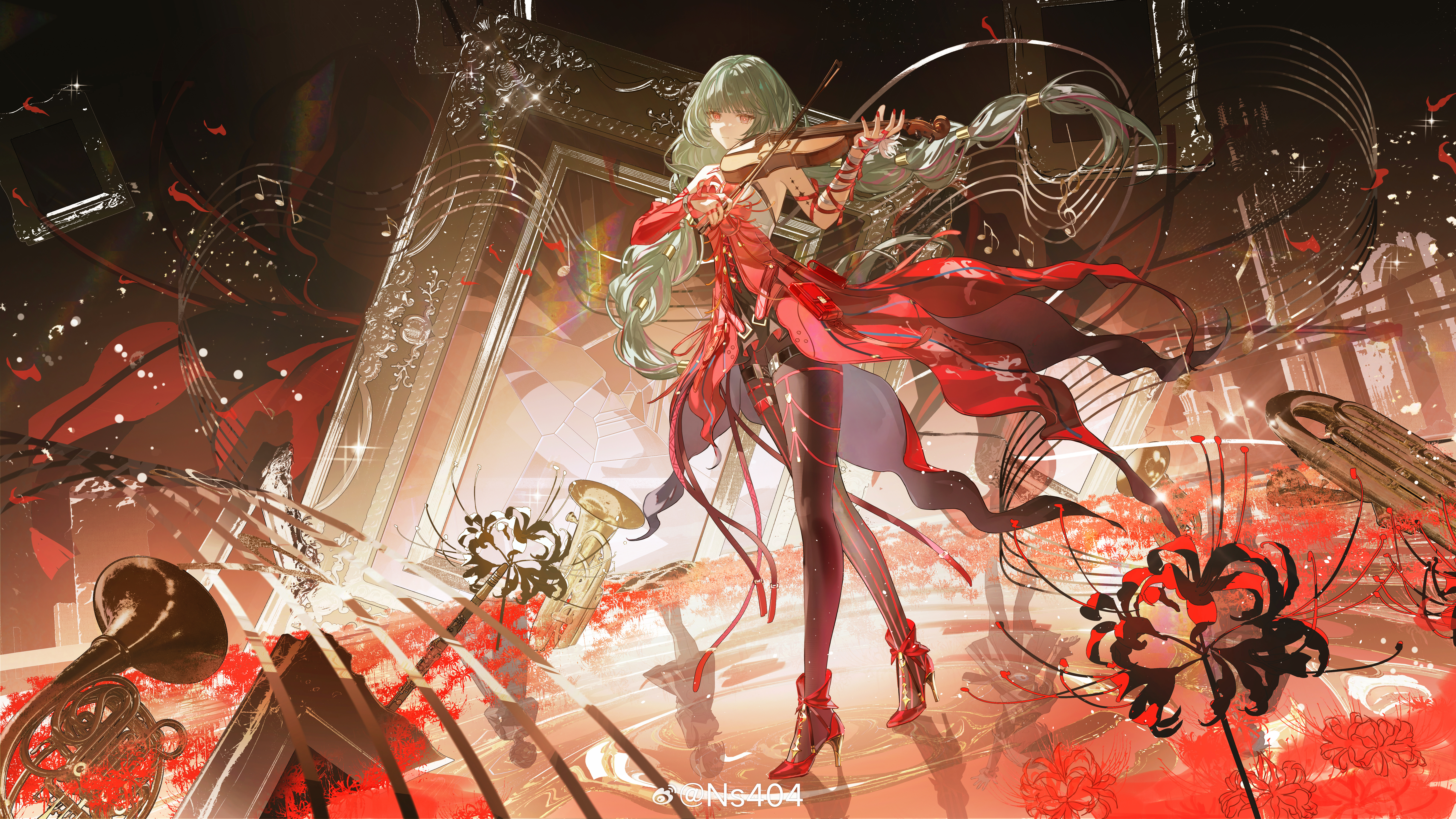 ns404, phrolova (wuthering waves), wuthering waves, absurdres, chinese commentary, commentary request, highres, official art, 1girl, bare shoulders, black pantyhose, black skirt, braid, different reflection, dress, euphonium, floating hair, flower, french horn, grey hair, high heels, instrument, logo, long hair, looking at viewer, low twin braids, music, pantyhose, people, playing instrument, red dress, red eyes, reflection, skirt, solo, spider lily, standing, tacet mark (wuthering waves), twin braids, violin, watermark, weibo watermark