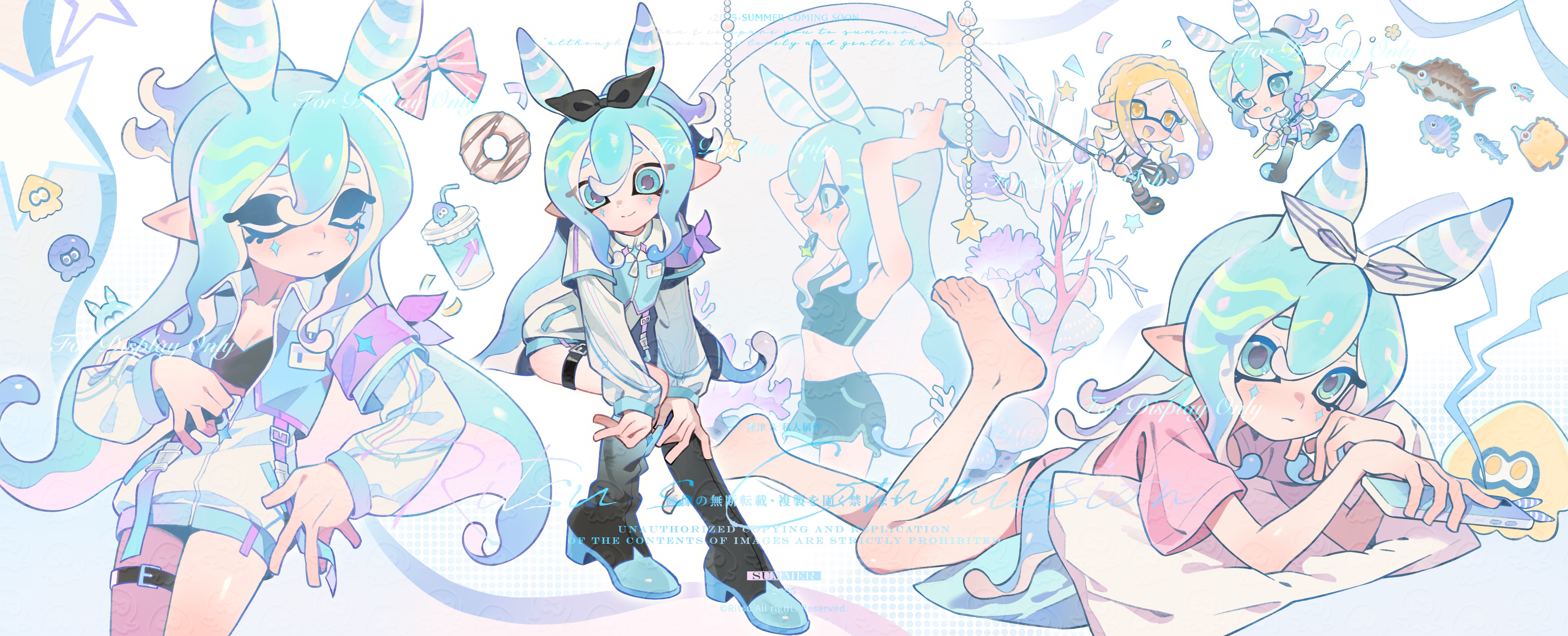 inkling girl, inkling player character, nintendo, splatoon (series), absurdres, highres, 2girls, barefoot, black boots, black bow, black bra, black shorts, blue eyes, blue hair, blue jacket, boots, bow, bra, breasts, chibi, chibi inset, cleavage, closed eyes, dolphin shorts, extra ears, hair between eyes, hair bow, hair tie in mouth, holding, holding own hair, holding phone, invisible chair, jacket, knee boots, long hair, long sleeves, lying, mihuashi 506932, mouth hold, multicolored jacket, multiple girls, multiple views, on stomach, partially unzipped, phone, pillow, pink shirt, pointy ears, ponytail, sea slug ears, sea slug girl, shirt, shorts, sidelocks, sitting, small breasts, solo focus, thigh strap, tying hair, underwear, unzipping, very long hair, watermark, white bow, white jacket, zipper pull tab