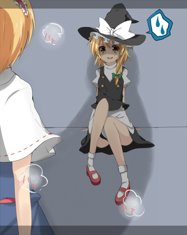yuzuha (artist), alice margatroid, kirisame marisa, touhou, bad id, bad pixiv id, 2girls, arms behind back, blonde hair, bow, brown eyes, female focus, hair bow, hair ribbon, hairband, hat, hat bow, heavy breathing, multiple girls, ribbon, spoken sweatdrop, sweat, sweatdrop, witch hat, you gonna get raped, yuri