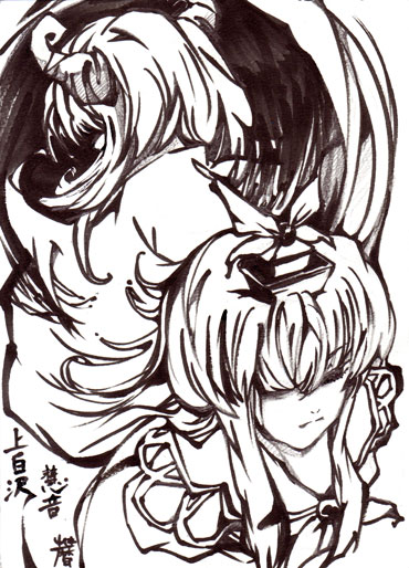 koyomiuta, ex-keine, kamishirasawa keine, touhou, traditional media, 2girls, back, bow, dual persona, female focus, greyscale, hair bow, hair over one eye, hat, horns, long hair, monochrome, multiple girls, white background