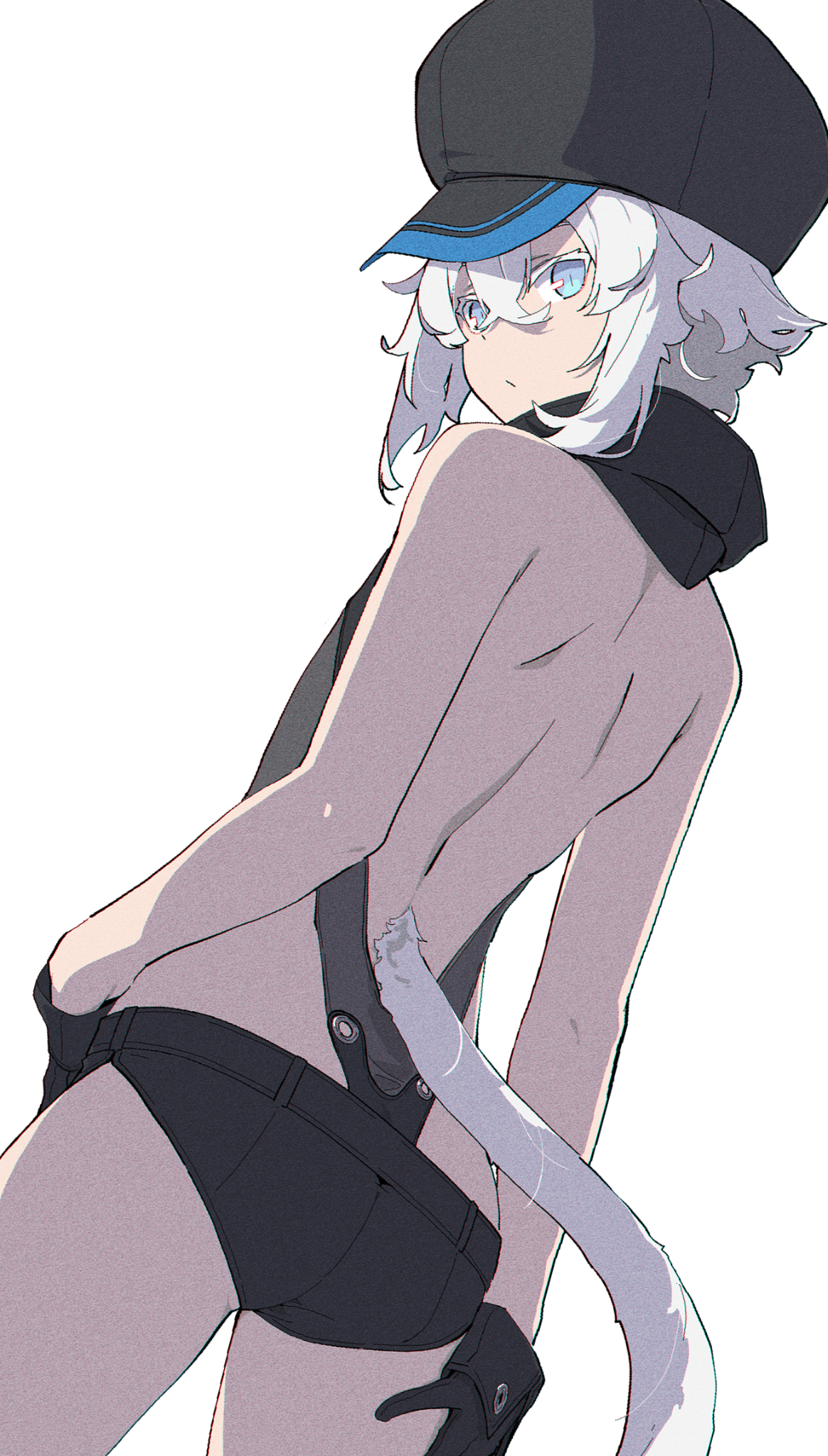 yamunashi (soregoshi), subaru (yamunashi), original, highres, 1girl, ass, back, black gloves, black hat, blue eyes, collared leotard, colored eyelashes, film grain, gloves, hair between eyes, halterneck, hand on own thigh, hat, leotard, looking back, median furrow, micro shorts, newsboy cap, shorts, simple background, slit pupils, solo, tail, white background, white hair, white tail