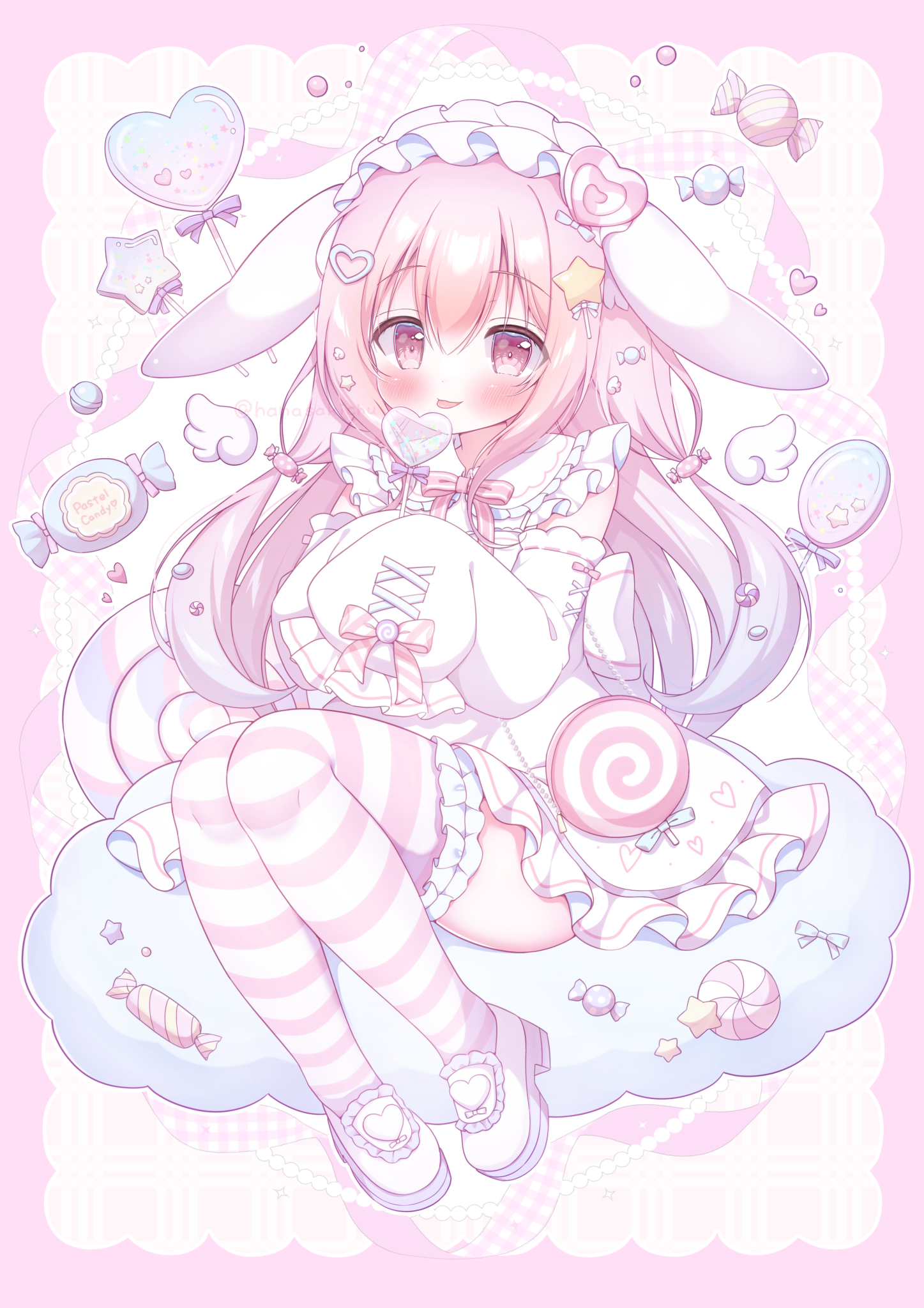 hanasakichu, original, commentary request, highres, 1girl, :p, animal ears, blush, border, bow, bowtie, candy, closed mouth, detached sleeves, dress, floppy ears, food, frilled thighhighs, frills, full body, hair between eyes, hair ornament, hairband, heart, heart-shaped food, heart-shaped lollipop, heart hair ornament, holding, holding candy, holding food, holding lollipop, lollipop, long hair, long sleeves, looking at viewer, outside border, pink background, pink border, pink bow, pink bowtie, pink eyes, pink hair, pink thighhighs, rabbit ears, rabbit girl, shaped lollipop, shoes, sleeve bow, sleeveless, sleeveless dress, sleeves past fingers, sleeves past wrists, smile, solo, star (symbol), star hair ornament, striped bow, striped bowtie, striped clothes, striped thighhighs, thighhighs, tongue, tongue out, white dress, white hairband, white shoes, white sleeves, wrapped candy