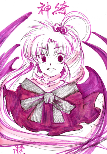 koyomiuta, shinki (touhou), mystic square, touhou, touhou (pc-98), traditional media, 1girl, bow, female focus, hair bobbles, hair bow, hair ornament, long hair, monochrome, ribbon, side ponytail, smile, solo, wings