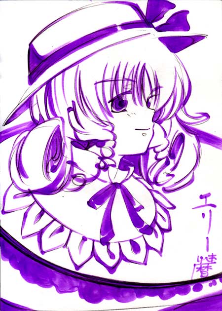 koyomiuta, elly (touhou), lotus land story, touhou, touhou (pc-98), traditional media, 1girl, bow, female focus, hair bow, hat, monochrome, ribbon, scythe, short hair, solo