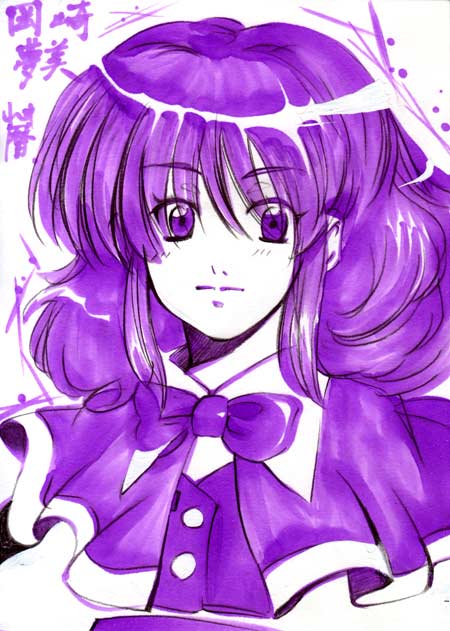 koyomiuta, okazaki yumemi, phantasmagoria of dim.dream, touhou, touhou (pc-98), traditional media, 1girl, bow, female focus, hair bow, monochrome, purple theme, ribbon, short hair, solo