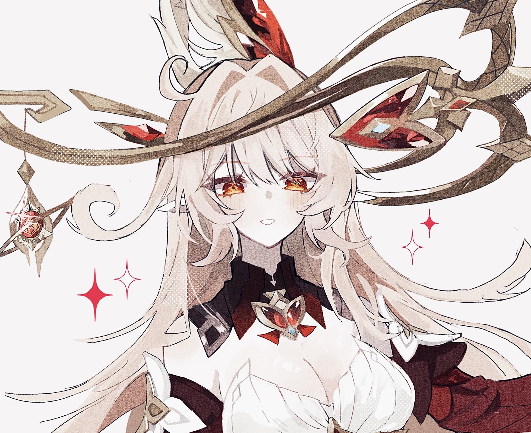 hyb muyuu, alice (genshin impact), genshin impact, commentary request, highres, 1girl, blonde hair, blush, breasts, cleavage, dress, hat, large breasts, long hair, looking at viewer, open mouth, pointy ears, pyro symbol (genshin impact), red eyes, solo, upper body, vision (genshin impact)