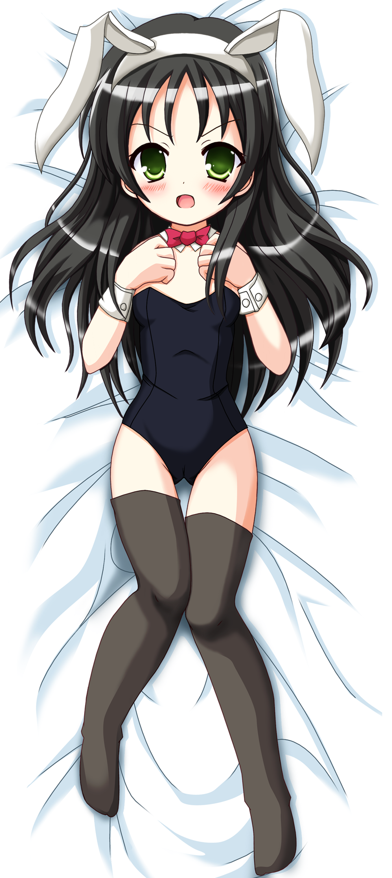 taiga joe, haduki kurumi, hazuki kurumi, kaitou tenshi twin angel, twin angel, bad id, bad pixiv id, highres, 10s, 1girl, animal ears, bare shoulders, bed, black hair, black thighhighs, blush, bow, bowtie, cameltoe, dakimakura (medium), fake animal ears, female focus, flat chest, from above, full body, green eyes, hairband, loli, long hair, lying, on back, open mouth, playboy bunny, rabbit ears, solo, thigh gap, thighhighs, thighs, wrist cuffs, zettai ryouiki