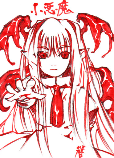 koyomiuta, koakuma, embodiment of scarlet devil, touhou, traditional media, 1girl, bow, dress, female focus, hair bow, head wings, long hair, monochrome, necktie, outstretched hand, pointy ears, slit pupils, solo, wings