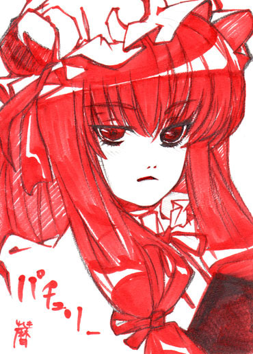 koyomiuta, patchouli knowledge, touhou, traditional media, 1girl, book, bow, female focus, hair bow, hat, long hair, monochrome, solo