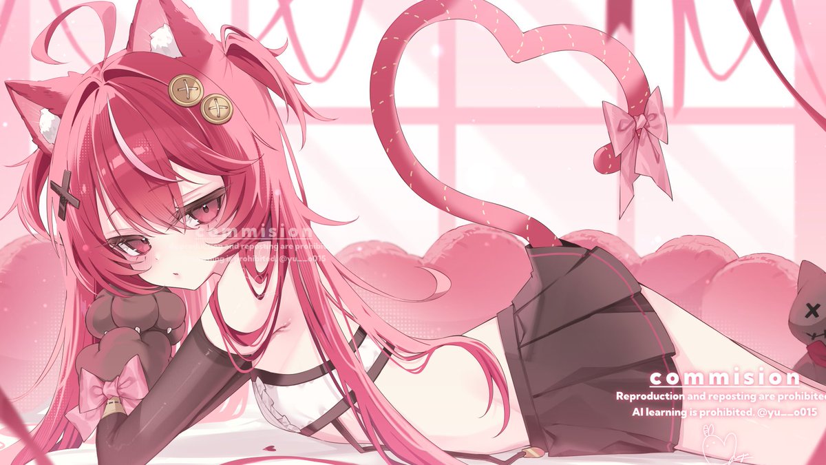 yu o015, character request, commentary request, commission, copyright request, 1girl, ahoge, animal ear fluff, animal ears, animal hands, black gloves, black skirt, blush, bow, bra, breasts, cat ears, cat girl, cat tail, double-parted bangs, elbow gloves, gloves, hair between eyes, hair ornament, heart, heart-shaped pillow, heart tail, indoors, long hair, looking at viewer, lying, miniskirt, on stomach, parted lips, paw gloves, pillow, red eyes, red hair, skirt, small breasts, solo, tail, tail bow, tail ornament, underwear, white bra, x hair ornament