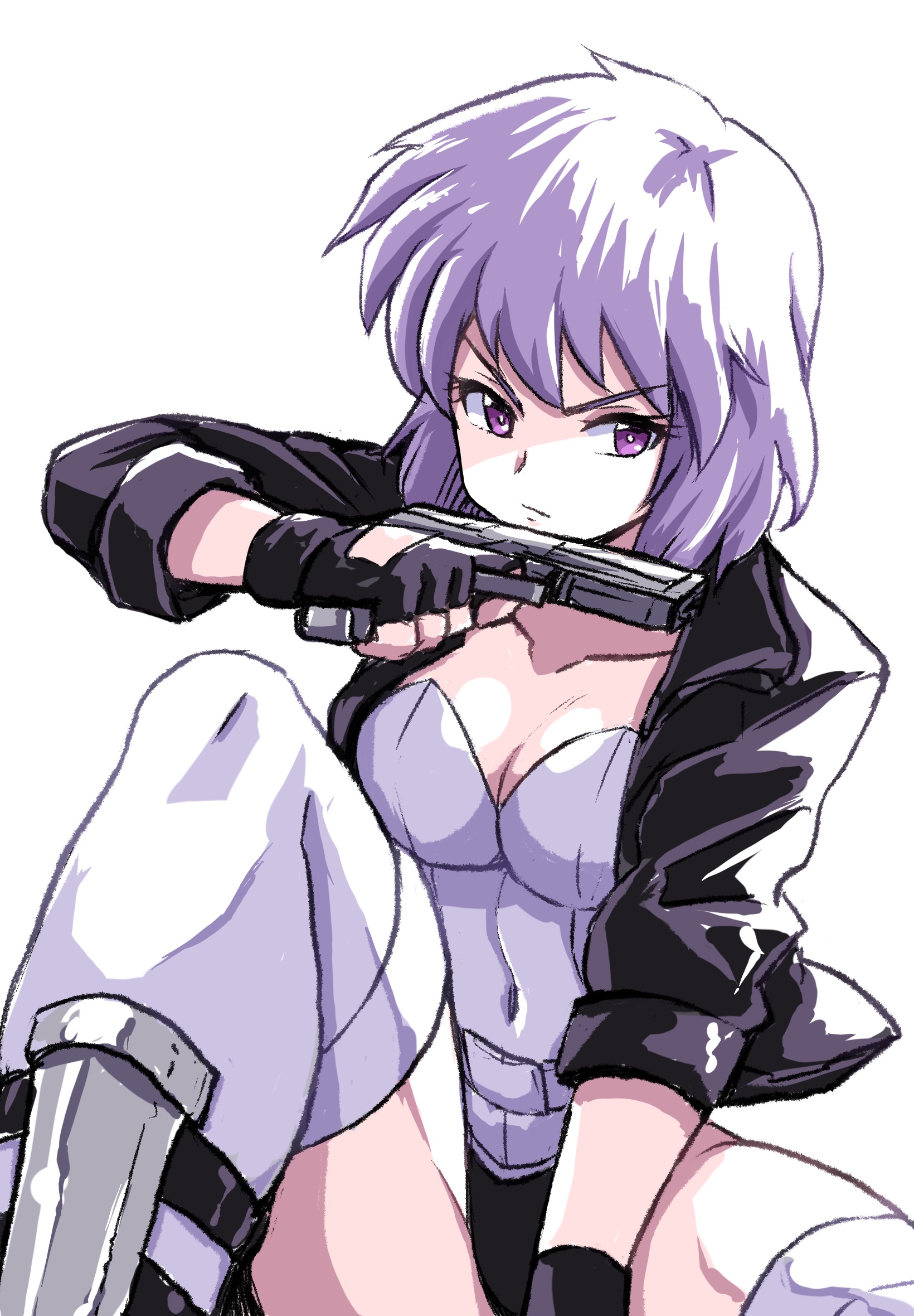 ikaringo (ikaringo4444), kusanagi motoko, ghost in the shell, commentary, highres, 1girl, between legs, black gloves, black jacket, breasts, cleavage, collarbone, covered navel, fingerless gloves, gloves, gun, hand between legs, handgun, holding, holding gun, holding weapon, jacket, leotard, open clothes, open jacket, purple eyes, purple hair, short hair, simple background, sitting, solo, thighhighs, v-shaped eyebrows, weapon, white background, white thighhighs