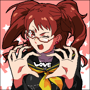 kon (pixiv31474), kujikawa rise, atlus, persona, persona 4, lowres, brown eyes, earrings, glasses, jewelry, long hair, one eye closed, red hair, school uniform, twintails, wink