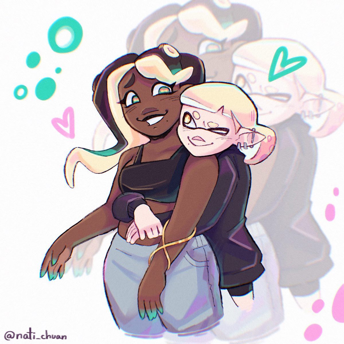 nati chuan, marina (splatoon), pearl (splatoon), nintendo, splatoon (series), commentary, english commentary, highres, procreate (medium), 2girls, :>, alternate costume, aqua nails, black hair, black shirt, blue pants, blunt bangs, blush, breasts, closed mouth, cropped legs, dark-skinned female, dark skin, ear piercing, eyelashes, fingernails, green eyes, heart, hug, hug from behind, inkling, instagram username, lips, long hair, long sleeves, midriff, mole, mole under mouth, multiple girls, octoling, pants, piercing, pointy ears, shirt, short hair, simple background, smile, tentacle hair, white background, white hair, yellow eyes, yuri, zoom layer