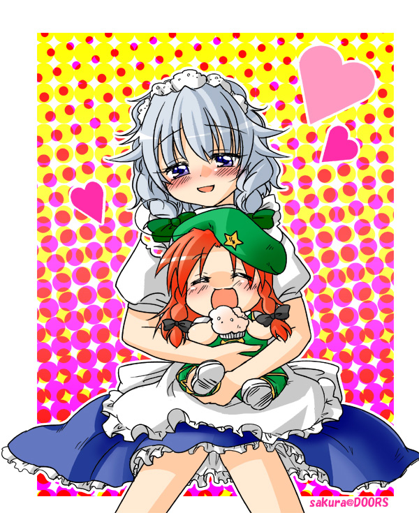 cherry blossoms (artist), sakura (doors), hong meiling, izayoi sakuya, embodiment of scarlet devil, touhou, silver hair, bad id, bad pixiv id, 2girls, aged down, baby, blue eyes, blush, braid, chibi, cupcake, female focus, food, hat, heart, multiple girls, red hair, short hair, twin braids