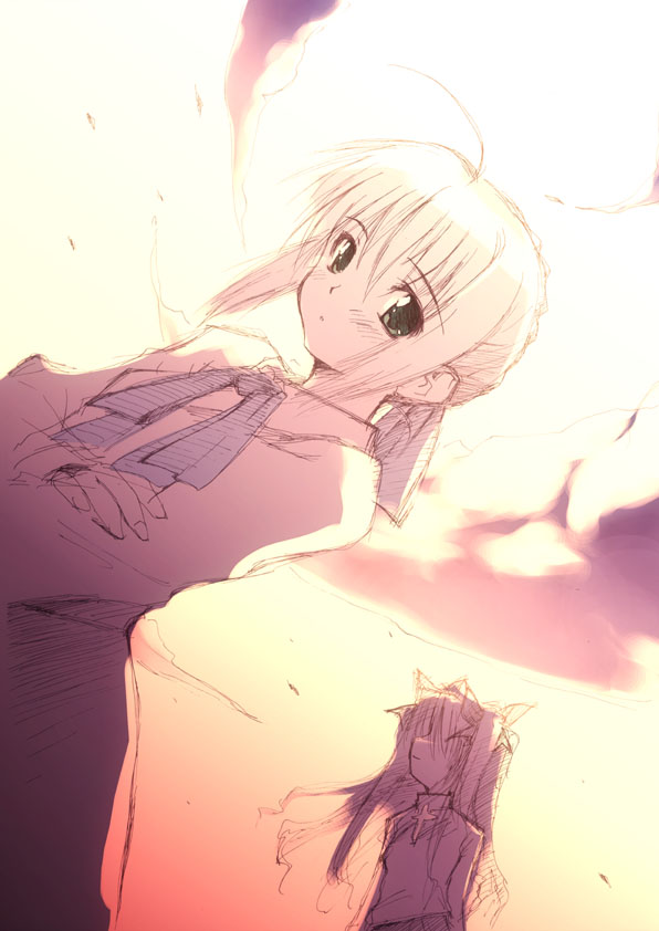 moyuru, artoria pendragon (fate), saber (fate), tohsaka rin, fate/stay night, fate (series), 00s, 2girls, ahoge, multiple girls, sketch, sky, sunset, twintails, two side up