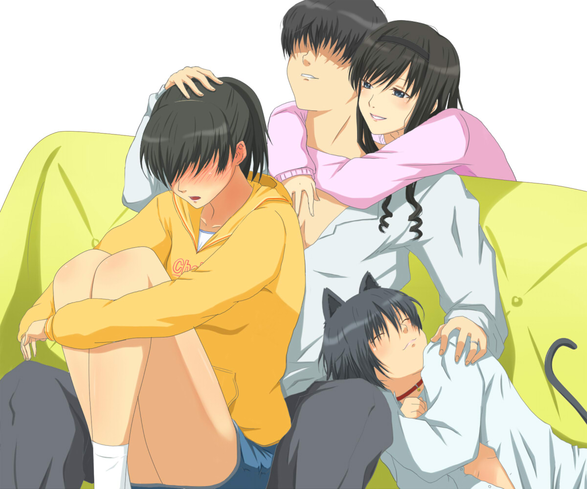 toki (tokihakashi), morishima haruka, tachibana jun'ichi, tachibana miya, tsukahara hibiki, amagami, 1boy, 3girls, animal ears, blush, casual, cat ears, cat girl, cat tail, harem, hug, legs, long legs, multiple girls, no eyes, pimp, tail