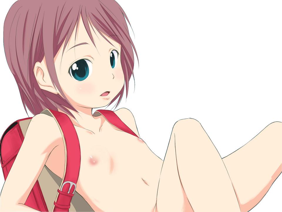 shouni, original, bad id, bad pixiv id, 1girl, aqua eyes, backpack, bag, female focus, flat chest, green eyes, loli, navel, nipples, nude, randoseru, short hair, simple background, solo