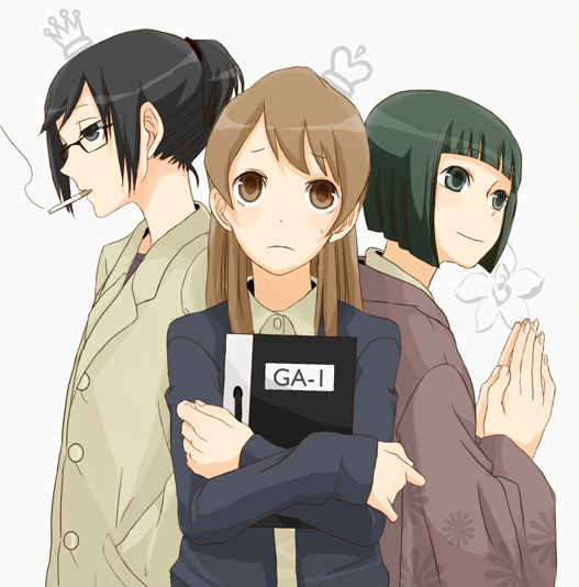 asaphayashi, sasamoto, usami mayumi, ga geijutsuka art design class, bad id, bad pixiv id, 00s, black hair, brown hair, cigarette, glasses, hands in pockets, japanese clothes, smoking, teacher