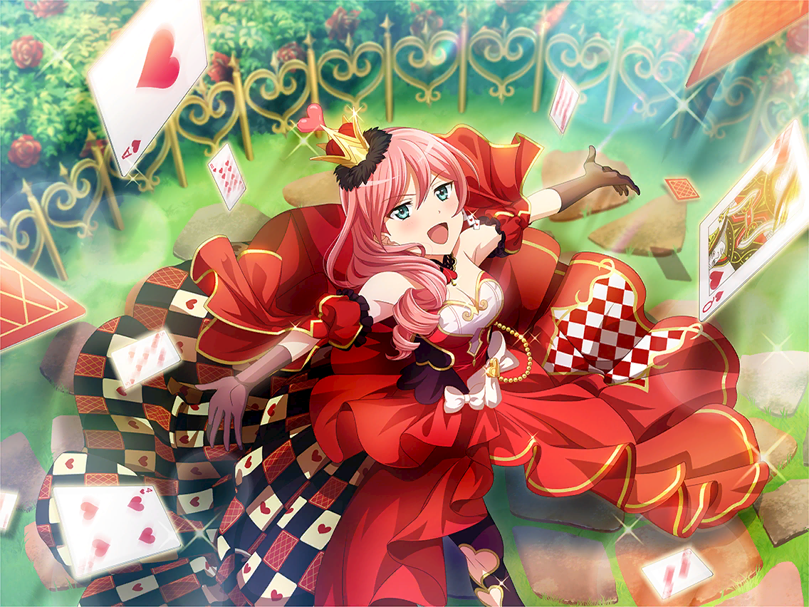 queen of hearts (alice in wonderland), tsuruhime yachiyo, alice's adventures in wonderland, shoujo kageki revue starlight, shoujo kageki revue starlight -re live-, game cg, official art, 1girl, aqua eyes, breasts, brown gloves, card, cleavage, cosplay, crown, dress, drill hair, gloves, hair over shoulder, looking at viewer, medium breasts, open mouth, outstretched arms, pink hair, queen of hearts (alice in wonderland) (cosplay), red dress, solo, tilted headwear, upper body, v-shaped eyebrows
